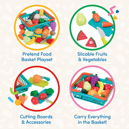 Battat Play Food Farmers Market Produce Basket, 37-Piece Green Set, Playset Battat