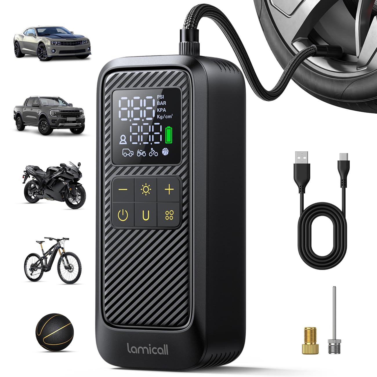 Lamicall Tire Inflator Portable Air Compressor - [5X Faster Inflation] Air Pump with Digital Pressure Gauge & LED Light, 150PSI Electric Tyre Pump for Car Motorcycle Wheel Simulator, Wheel, Mom Gift