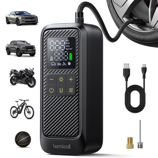 Lamicall Tire Inflator Portable Air Compressor - [5X Faster Inflation] Air Pump with Digital Pressure Gauge & LED Light, 150PSI Electric Tyre Pump for Car Motorcycle Wheel Simulator, Wheel, Mom Gift