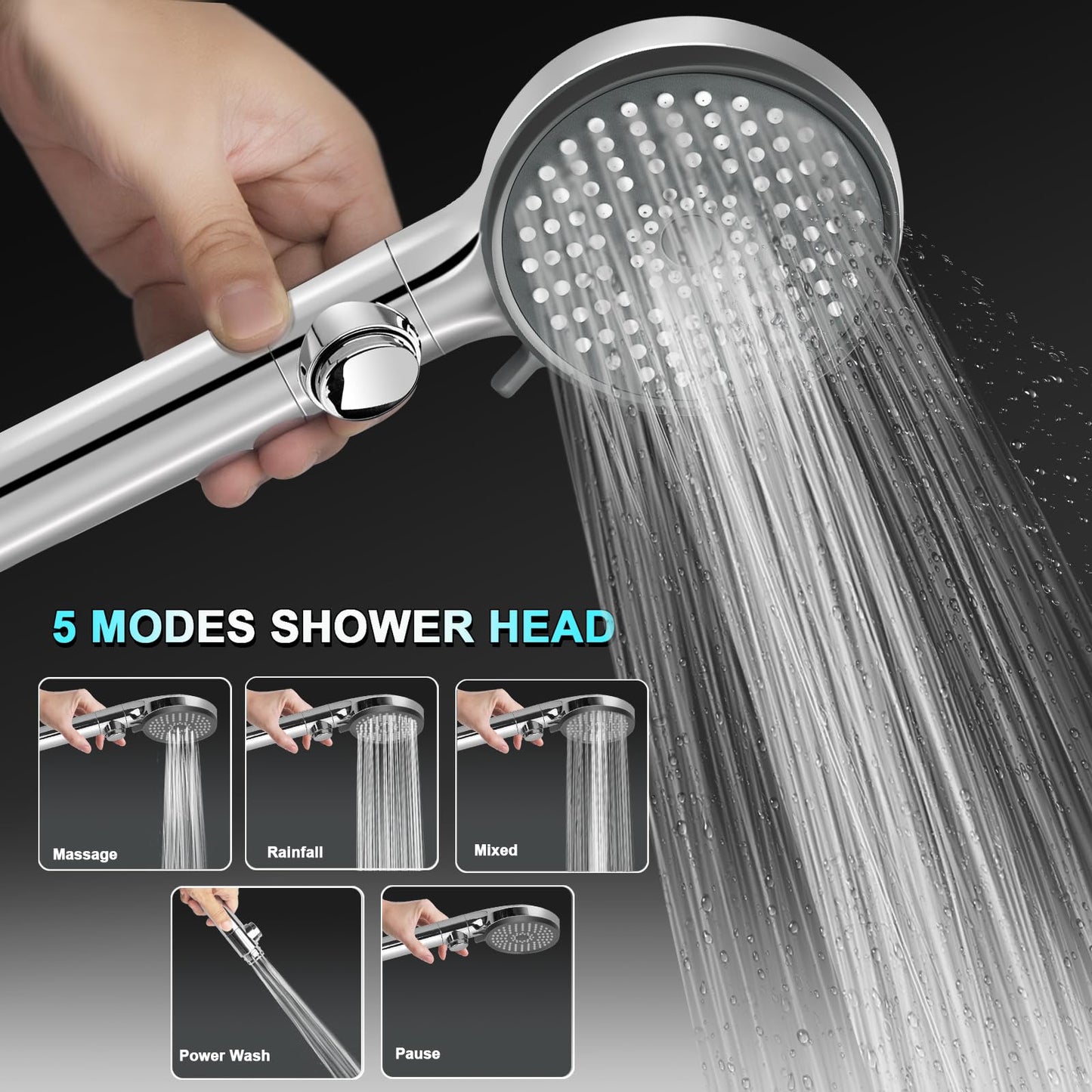 RV Shower Head with Hose, High Pressure 5 Mode Shower Head Replacement, Shower Head for RV/Campers, Travel Trailer, Motorhome for Water Saving, Handheld Shower Head Holder and Hose, On Off Switch