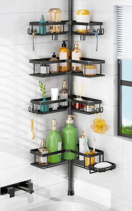 HAMITOR Corner Shower Caddy Tension Pole: Sturdy Stainless Steel Shower Organizer - 4-Tier Adjustable Large-Capacity Shower Shelf- No Drill Bathroom Organizers For Small Bathrooms - 47-121inch - Available at All In One Marketplace Canada