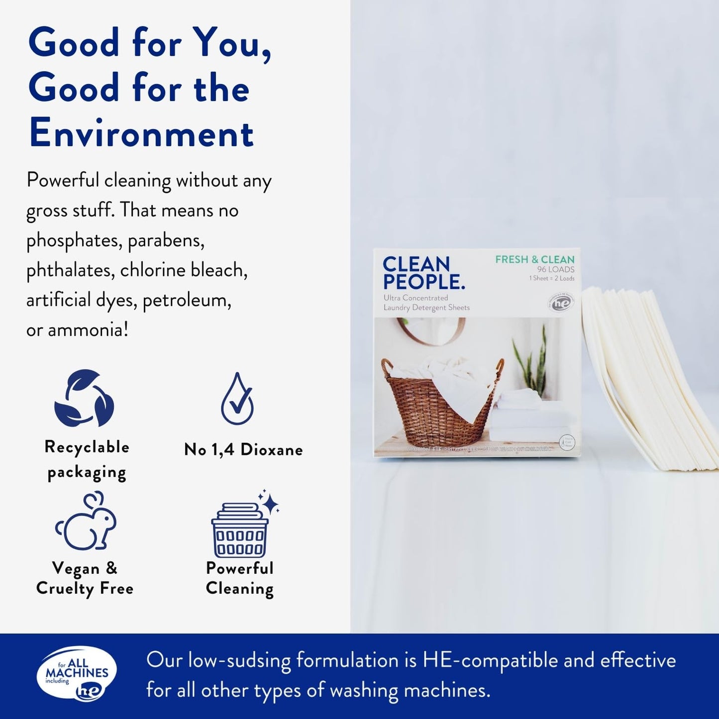 Clean People Laundry Detergent Sheets - Recyclable Packaging, Hypoallergenic, Stain Fighting - Ultra Concentrated, Laundry Soap - Fresh Scent, 96 Pack