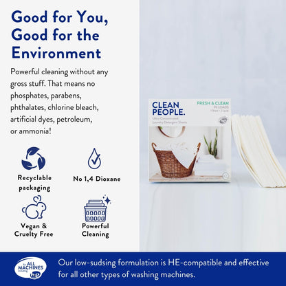 Clean People Laundry Detergent Sheets - Recyclable Packaging, Hypoallergenic, Stain Fighting - Ultra Concentrated, Laundry Soap - Fresh Scent, 96 Pack