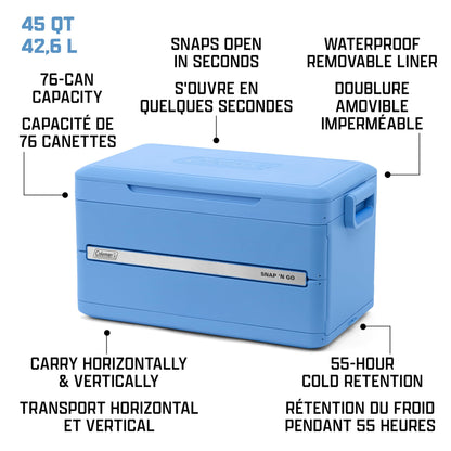Coleman Snap 'N Go 45-Quart Collapsible Hard Cooler, Keeps Ice Cold up to 55 Hours, 76-Can Capacity, Spacing-Saving & Quick to Set Up, Collapses to 1/3 of Open Size, Holds up to 200 Pounds - Available at All In One Marketplace Canada
