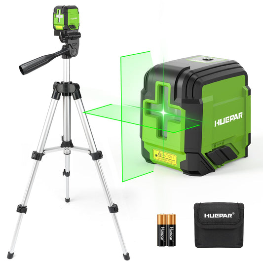 Huepar Self Leveling Laser Level with Tripod, 98Ft Green Cross Line Laser Leveler Tool for Picture Hanging, Tile, Home Renovation, Indoor Project, Battery Included, 40in Tripod - Available at All In One Marketplace Canada