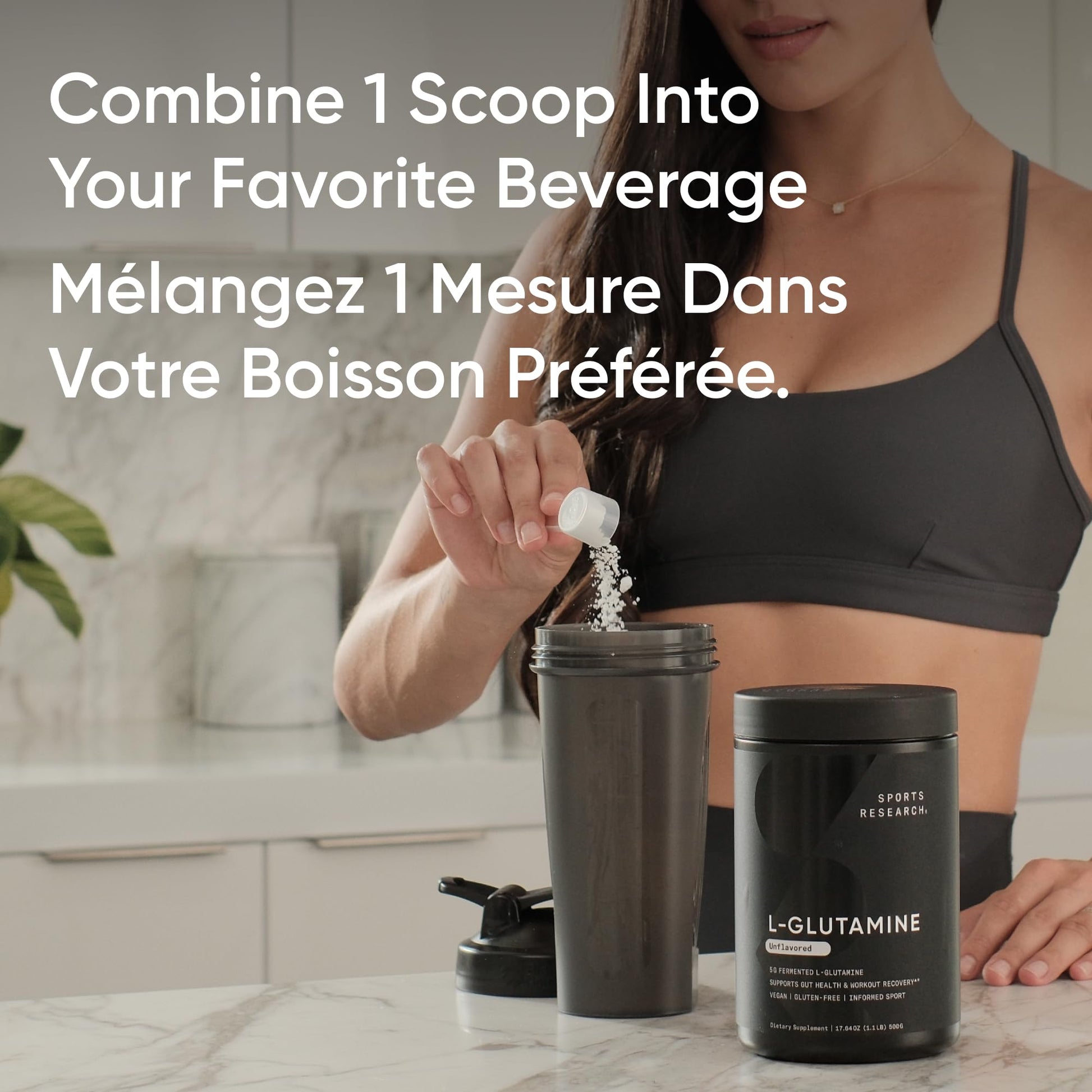 Sports Research® L-Glutamine Powder - Workout Recovery Support, Immune Health & Gut Health Support - Easy to Mix Powder - 5g Per Serving - 300g Container Size for Daily Supplement Use - Available at All In One Marketplace Canada