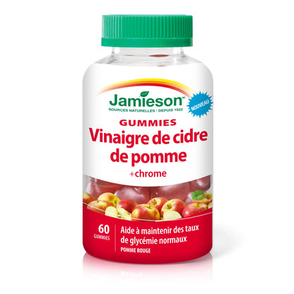 Jamieson Apple Cider Vinegar Gummy with Chromium, 60 Red Apple Flavoured Gummies. Helps Maintain Normal Blood Glucose Levels and Supports Metabolism. Vegetarian, No Artificial Colours or Flavours - Available at All In One Marketplace Canada