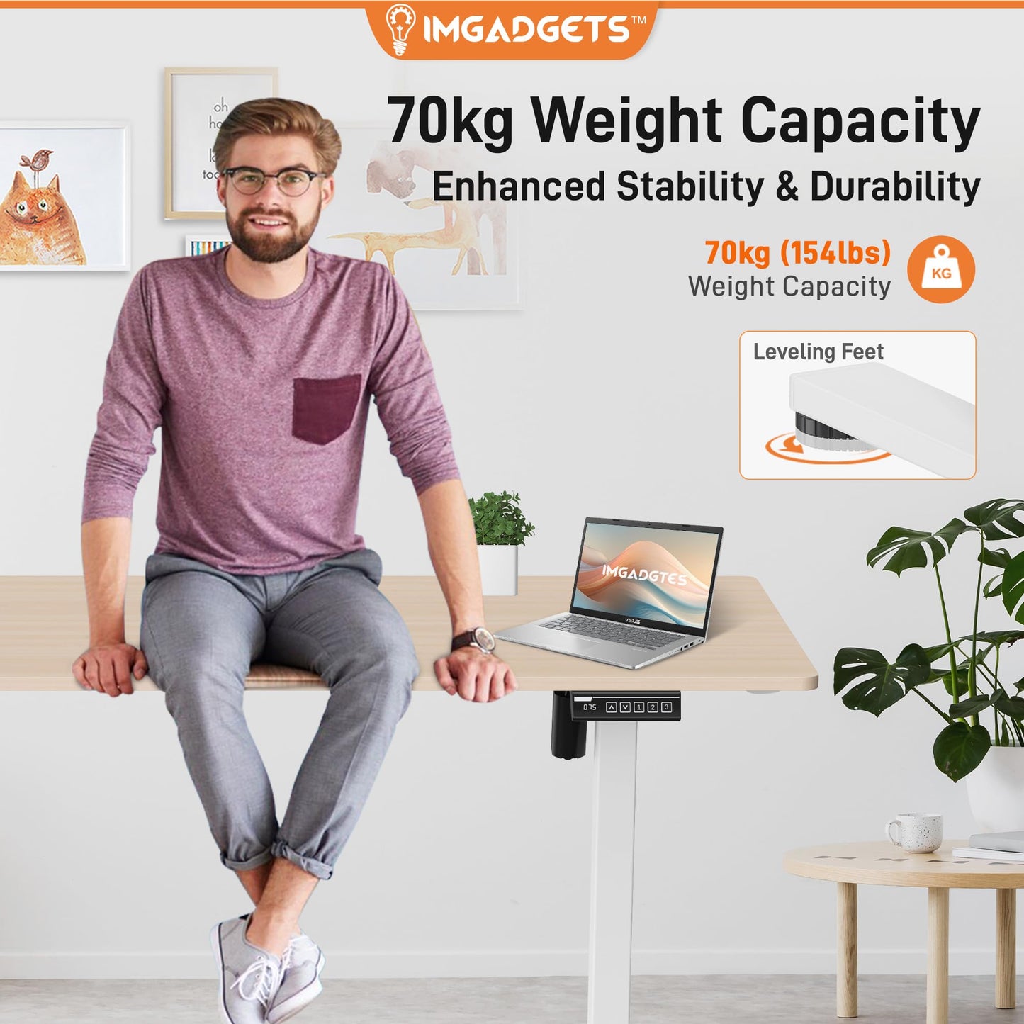 IMGadgets Electric Standing Desk, 47x24 Inches Height Adjustable, 2026 6th Gen Quiet Motor Ergonomic Sit Stand Desk, Computer Desk for Home Office, Height Memory Buttons, Display, 2 Headphone Holders