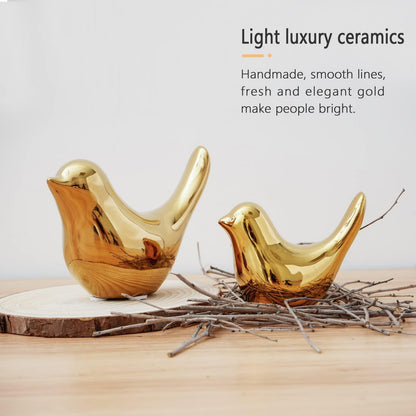 2Pcs Gold Ceramic Bird Figurines, Shiny Metallic Decorative Bird Sculptures for Home, Shelf, Desk, Table, Holiday and Party Decor, Premium Gift for Living Room Bedroom Office 🍁 All In One Marketplace Canada