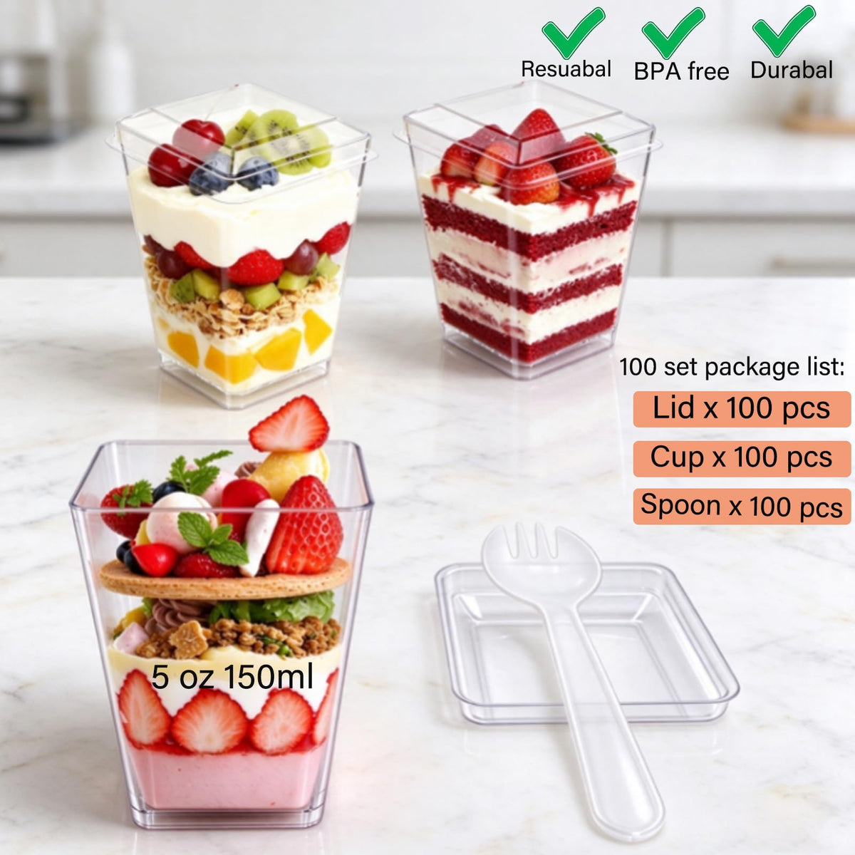 Toowood 100pcs Clear Dessert Cups with Lids and Spoons, 5.4oz Mini Dessert Cups Reusable Square Parfait Cup for Party Appertizer, Christmas 🍁 All In One Marketplace Canada