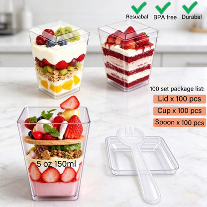 Toowood 100pcs Clear Dessert Cups with Lids and Spoons, 5.4oz Mini Dessert Cups Reusable Square Parfait Cup for Party Appertizer, Christmas 🍁 All In One Marketplace Canada