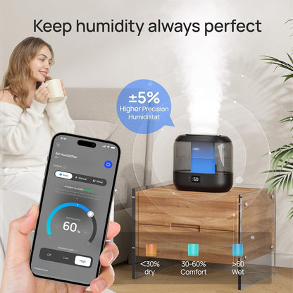 DREO Smart Humidifiers for Bedroom, Top Fill 4L Supersized Cool Mist Humidifier with Nightlight, 36H Runtime, Touch/APP/Voice Control, Quiet Ultrasonic Humidifiers for Large Room, Baby, Plants - Available at All In One Marketplace Canada