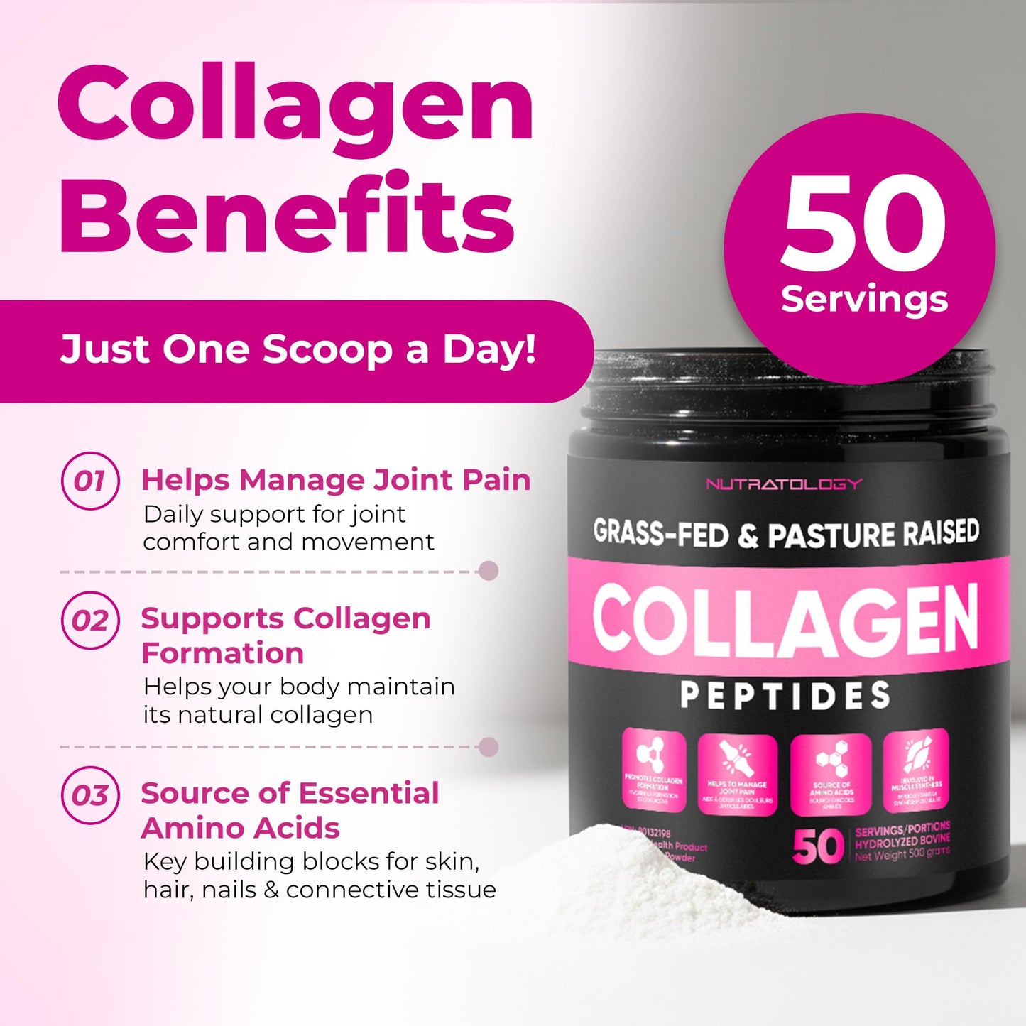 Nutratology® Collagen Powder | Grass-Fed & Canadian-Made | Dissolves Easily | 50 Servings | Supports Healthy Hair, Skin, Nails, & Joints | Hydrolyzed Collagen Peptides Type 1 & 3 | Unflavoured | 500G - Available at All In One Marketplace Canada