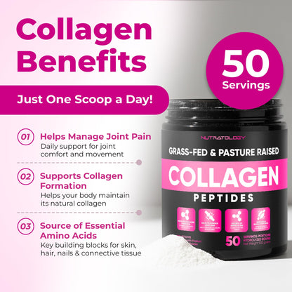 Nutratology® Collagen Powder | Grass-Fed & Canadian-Made | Dissolves Easily | 50 Servings | Supports Healthy Hair, Skin, Nails, & Joints | Hydrolyzed Collagen Peptides Type 1 & 3 | Unflavoured | 500G - Available at All In One Marketplace Canada