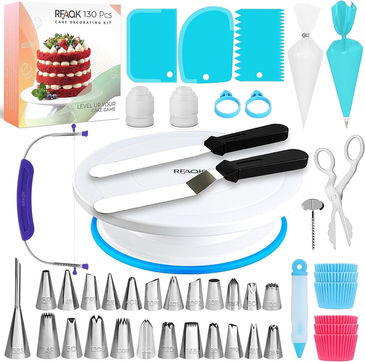 RFAQK 130 PCs Cake Decorating Kit Supplies with Cake Turntable-Cake leveler-24 Numbered Piping Tips with Pattern Chart & EBook- Straight & Offset Spatula-50 Piping Bags-3 Scraper Set-40 Cupcake Liners 🍁 All In One Marketplace Canada