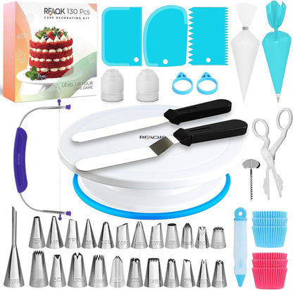 RFAQK 130 PCs Cake Decorating Kit Supplies with Cake Turntable-Cake leveler-24 Numbered Piping Tips with Pattern Chart & EBook- Straight & Offset Spatula-50 Piping Bags-3 Scraper Set-40 Cupcake Liners 🍁 All In One Marketplace Canada