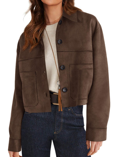 PRETTYGARDEN Women's Faux Suede Lightweight Cropped Jacket Dark Brown,M 🍁 All In One Marketplace Canada