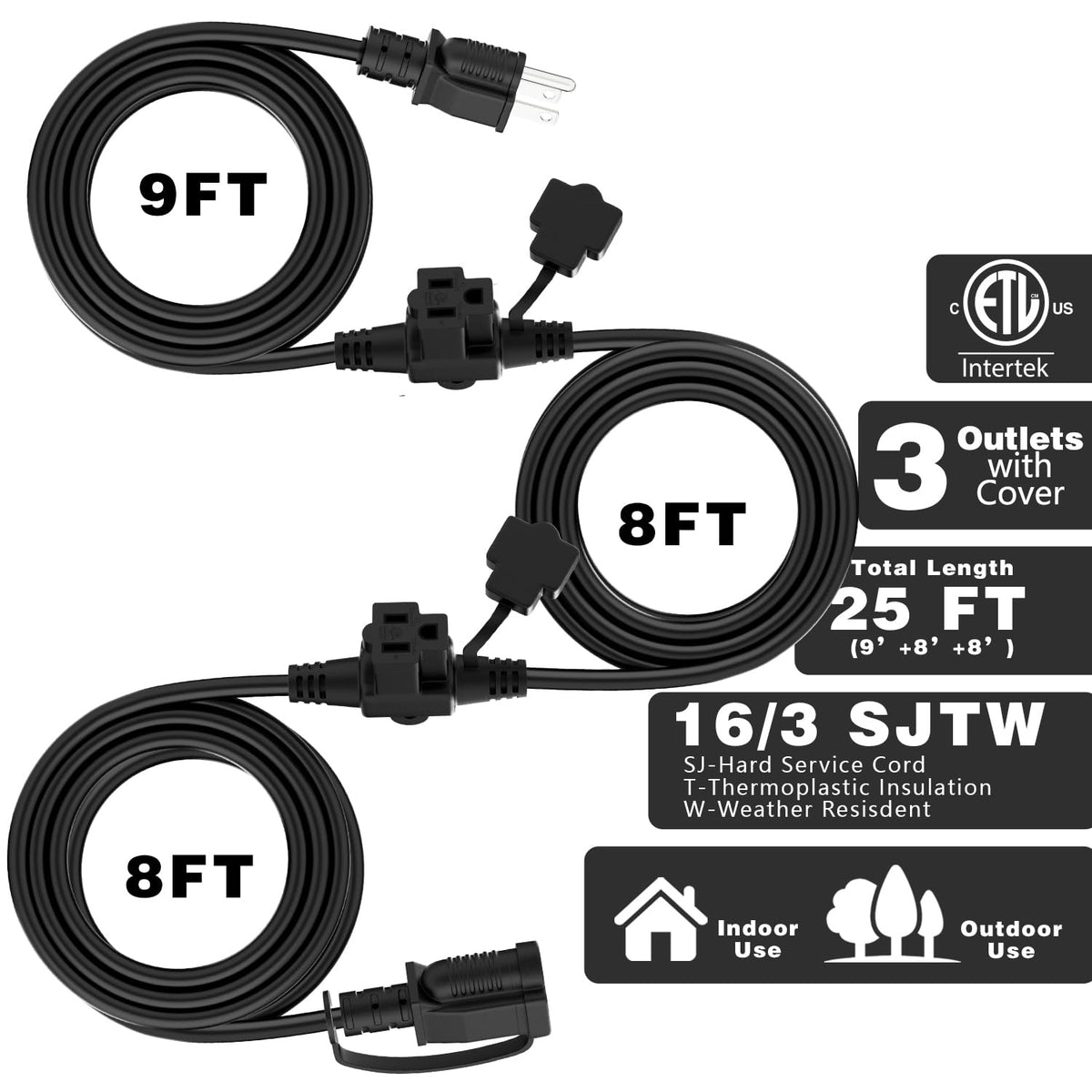 K KASONIC Outdoor Extension Cord 25 FT, Evenly Spaced 3 Outlets, Black 🍁 All In One Marketplace Canada