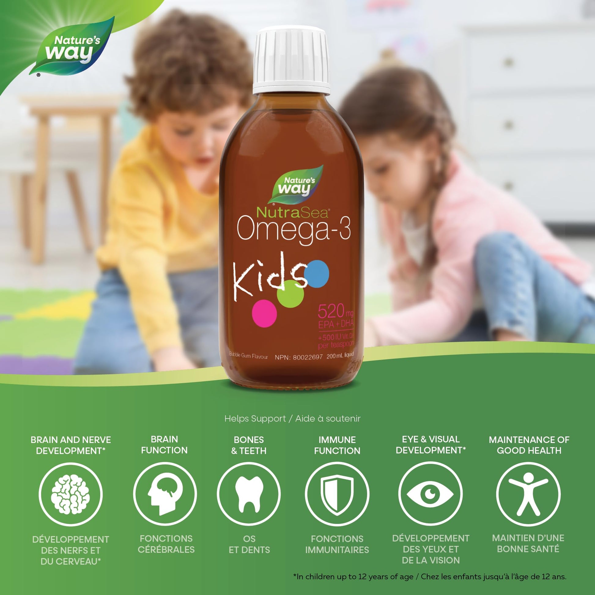Nature's Way NutraSea Kids Omega 3 + Vitamin D Fish Oil Liquid Supplement for Kids Ages 1 to 14 – Bubblegum Flavour – Brain, Eye & Bone Support – EPA & DHA + GLA + D3, 200 mL - Available at All In One Marketplace Canada