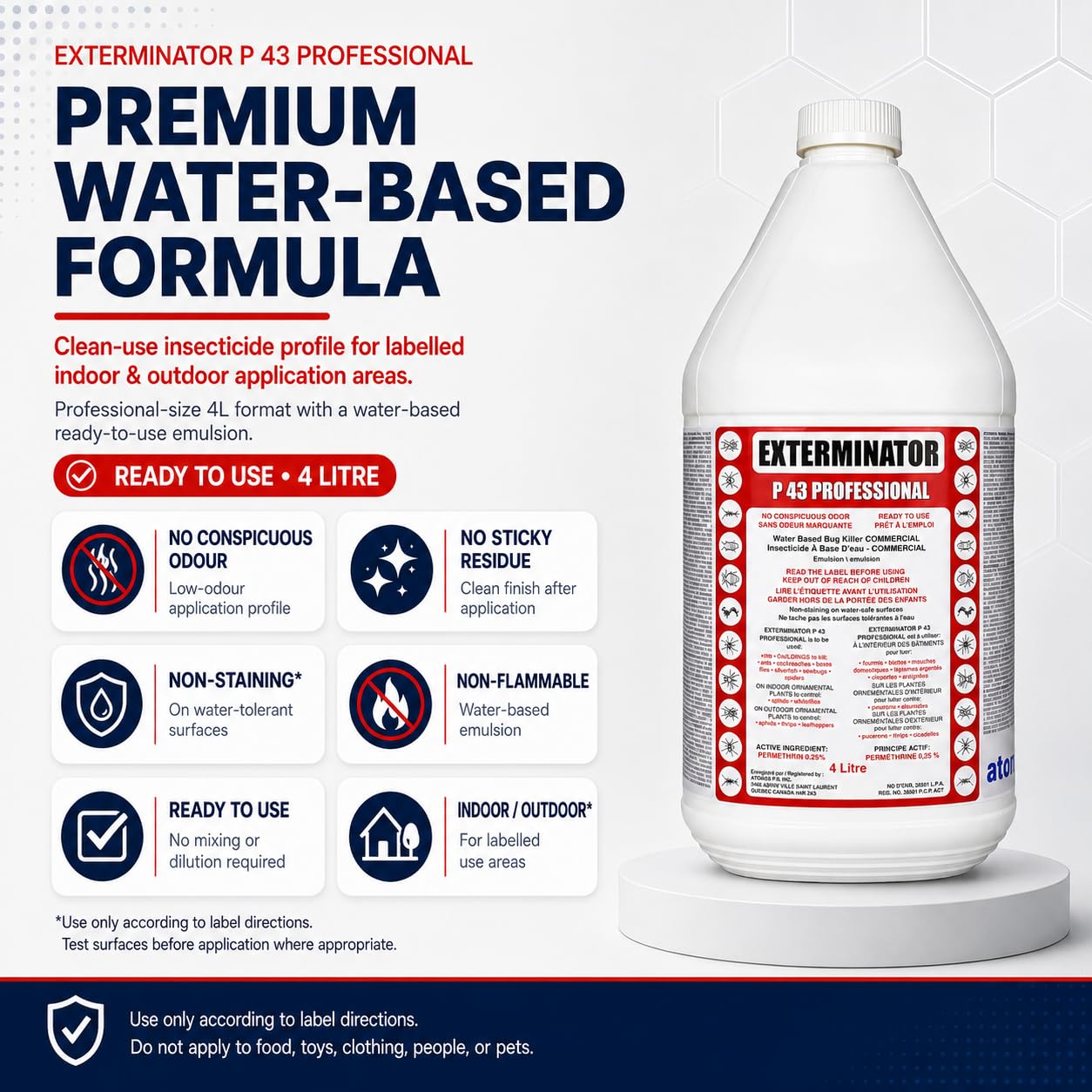 Exterminator P 43 Professional | Insect Killer Spray | Water-Based, Odor-Free Formula | 4L | Kills Ants, Cockroaches, Ticks, House Flies, Spiders | Indoor & Outdoor Use | Permethrin 0.25% - Available at All In One Marketplace Canada