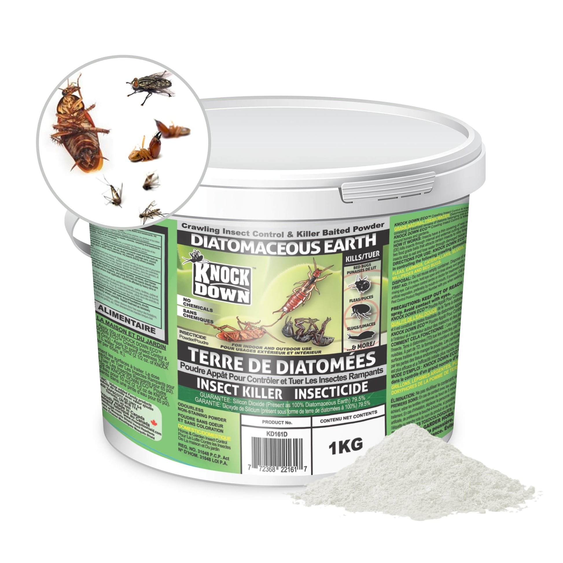 KNOCK DOWN - Diatomaceous Earth Insect Killer, Cockroach, Flea, Ant, Silverfish, Bed Bug Killer for Indoor and Outdoor Use, Food Grade Diatomaceous Earth Powder with Bait, 1kg Pail