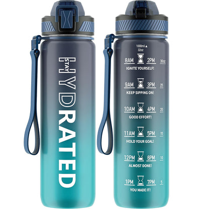 QLUR Water Bottle with Straw, 32oz Sports Motivational Water Bottle with Time Markings to Drink & Carry Strap & Clean Brush, 1L, Tritan, BPA Free, LeakProof for Women Men Gym Fitness Outdoor (1 Pack)