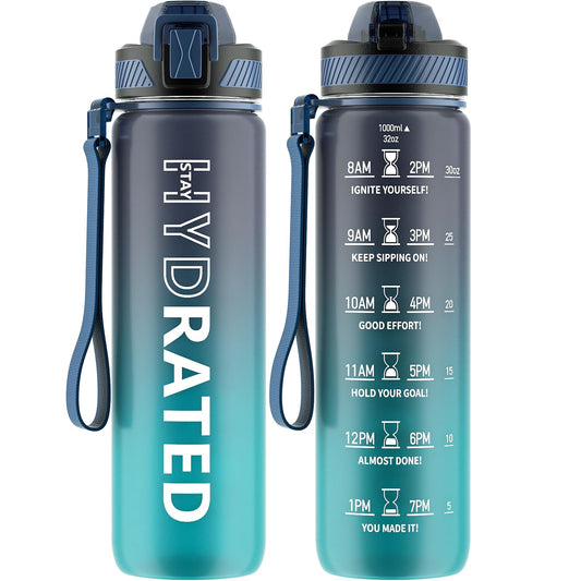 QLUR Water Bottle with Straw, 32oz Sports Motivational Water Bottle with Time Markings to Drink & Carry Strap & Clean Brush, 1L, Tritan, BPA Free, LeakProof for Women Men Gym Fitness Outdoor (1 Pack)