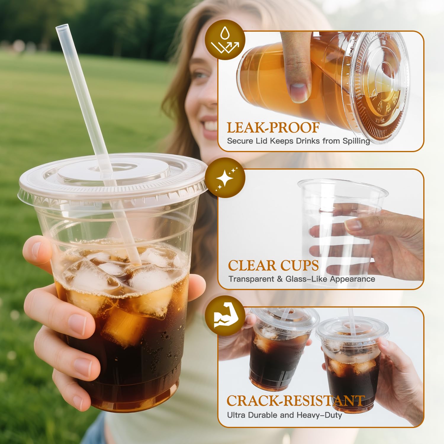 Joyeux 100 Pack 16 oz Clear Plastic Cups with Lids and Straws - Disposable Iced Coffee Cups for Matcha, Milkshakes, Smoothies and to go Drinks - Available at All In One Marketplace Canada