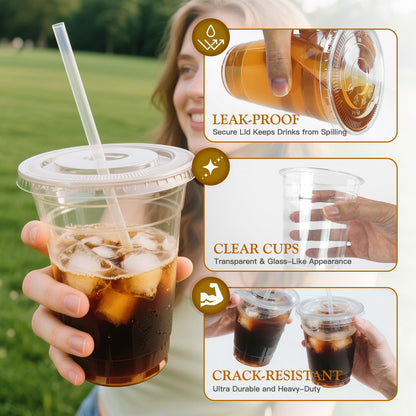 Joyeux 100 Pack 16 oz Clear Plastic Cups with Lids and Straws - Disposable Iced Coffee Cups for Matcha, Milkshakes, Smoothies and to go Drinks - Available at All In One Marketplace Canada