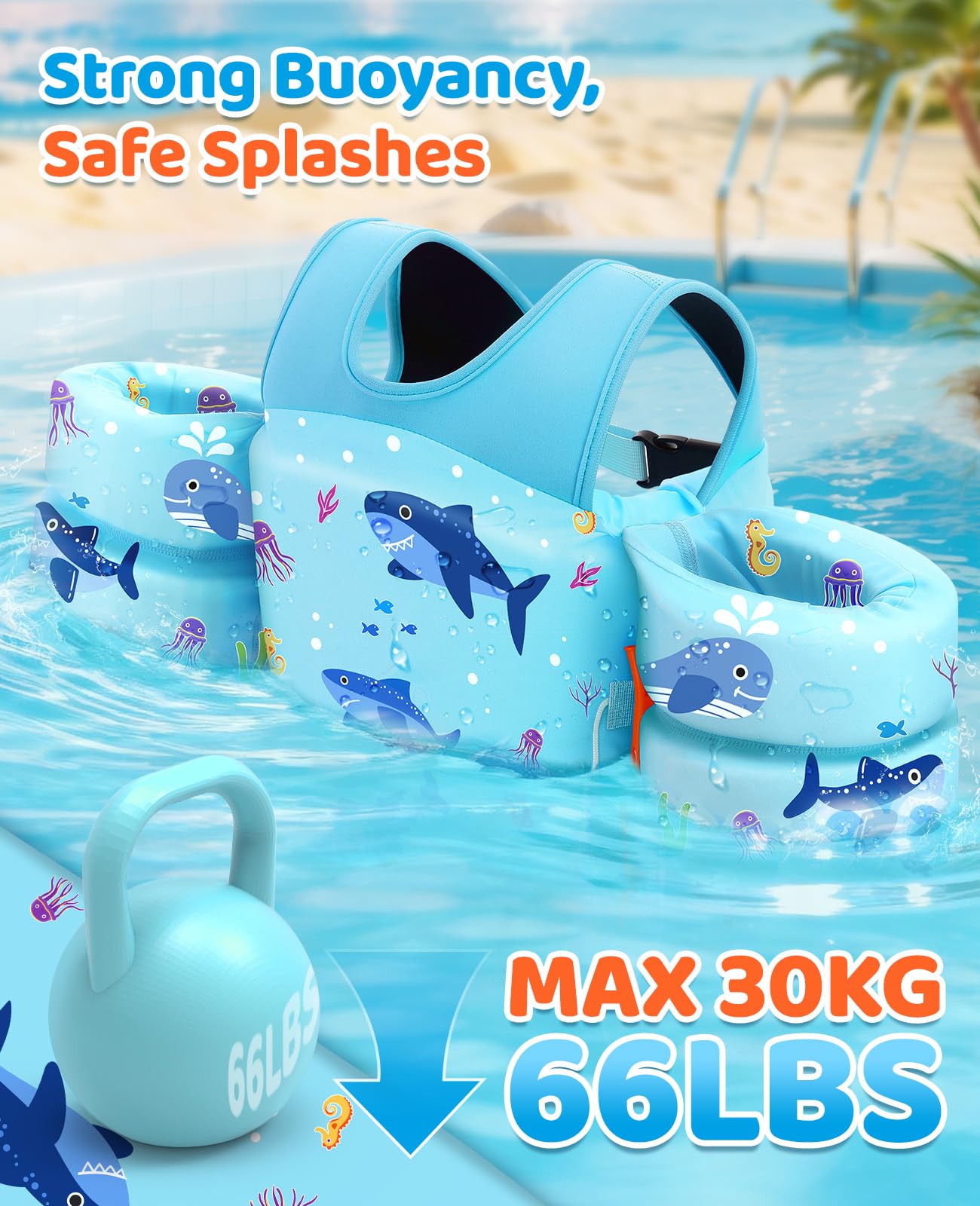 HeySplash Swim Vest for Kids, Toddler Pool Floaties Fit 33-66 Lbs, Puddle Jumper with Double Adjustable Strap, Swim Jacket Water Wing Arm Float, Sea Boat Flotation Device Boy Girl,Blue Shark