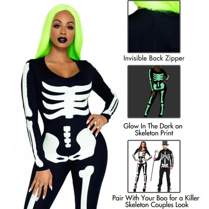 Leg Avenue Women's Glow in The Dark Skeleton Bodysuit Halloween Costume, Black/White, X-Large