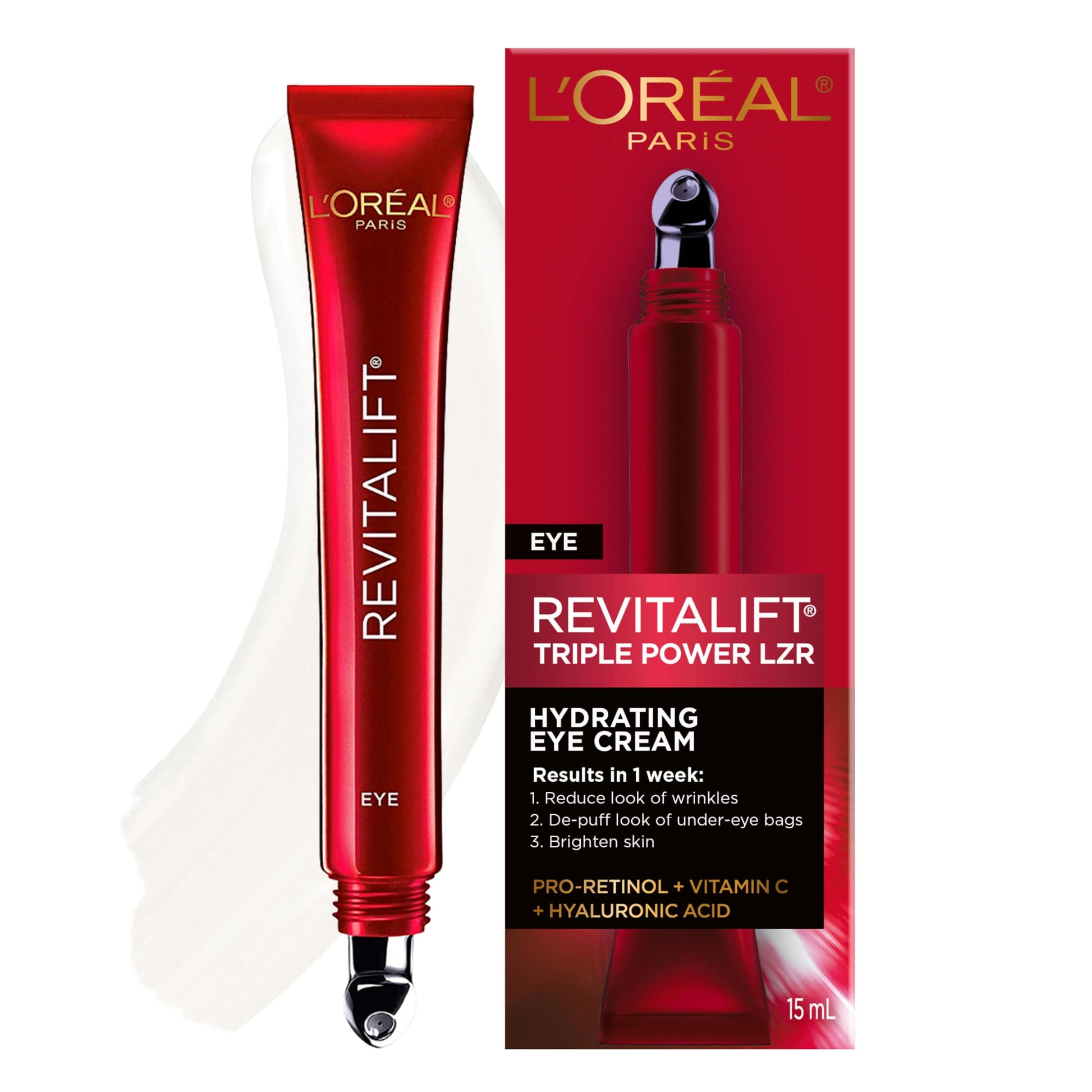 L’Oréal Paris Eye Cream For Wrinkles, with Hyaluronic Acid, Vitamin C, Under Eye Cream to Reduce Look of Wrinkles and Under-Eye Bags, Revitalift Triple Power LZR, Skincare, 15ml