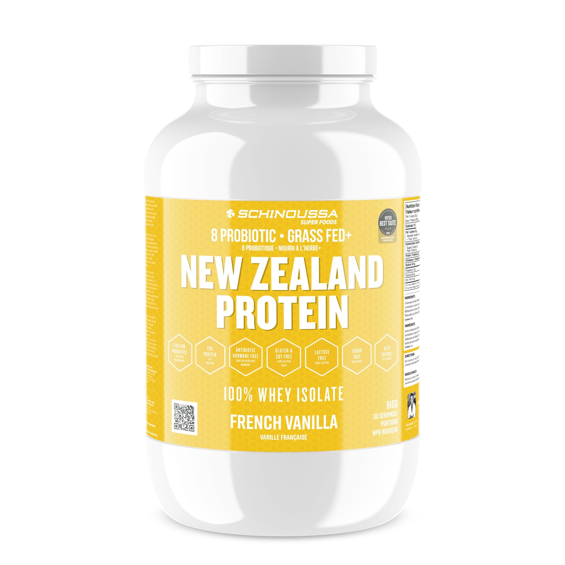 Schinoussa New Zealand Whey Protein Isolate - French Vanilla, 910g | 25g Protein Per Serving | Zero Sugar, 1g Carbs, 110 Calories