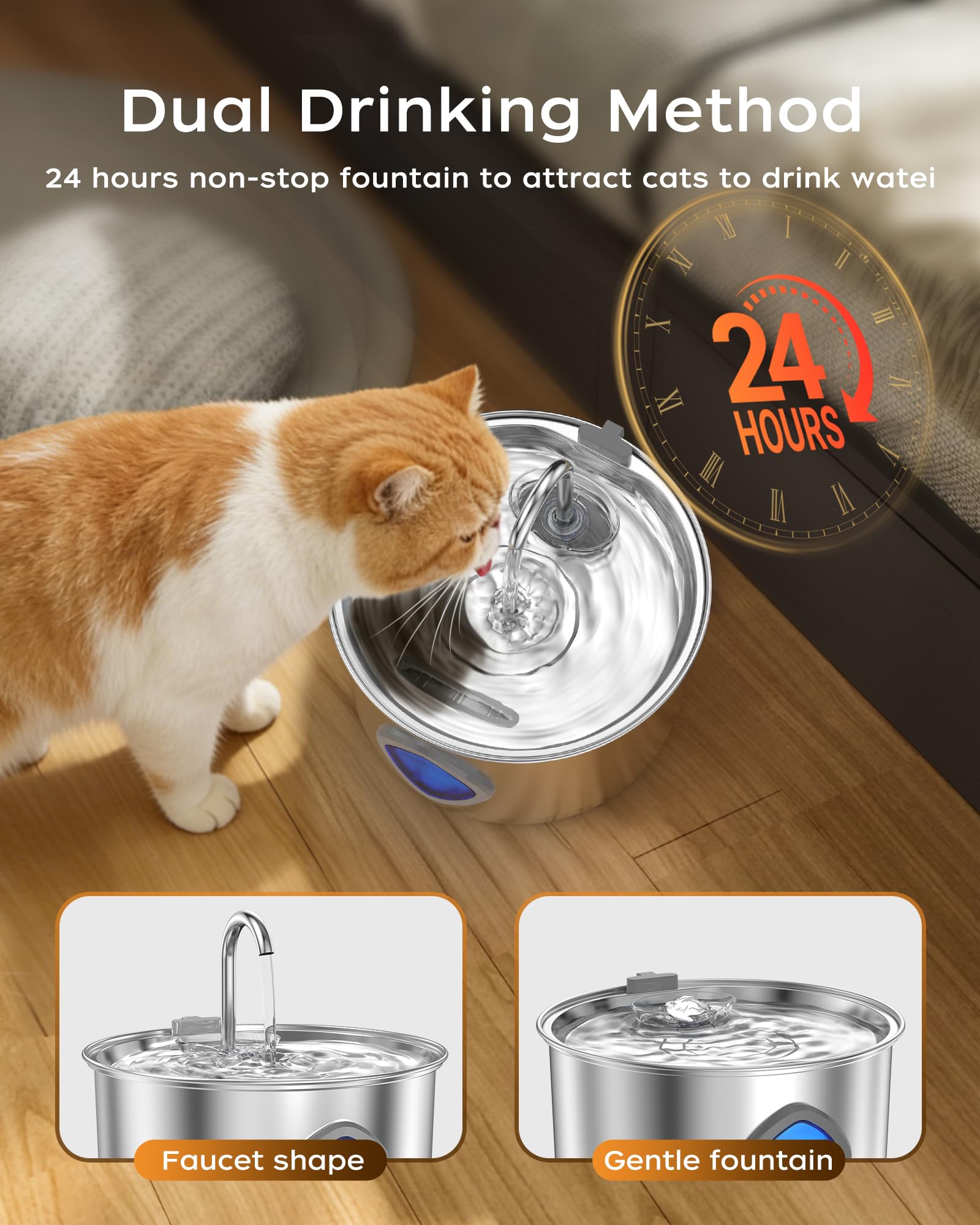 Quiet Cat Water Fountain, 2.8L/94oz Stainless Steel Cat Fountain, Ultra-Silent 25dB Pump, Pet Water Dispenser for Indoor Cats, Easy Clean, Visible Water Level(2.8L,with 2 Filters and 2 Sponges) - Available at All In One Marketplace Canada