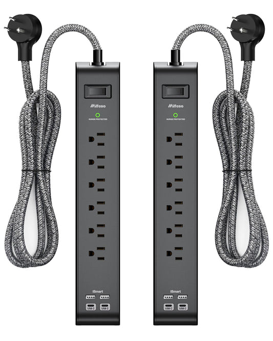 2 Pack Power Bar - Extension Cord with 6 Outlets 4 USB Ports, Surge Protector Heavy-Duty Braided Extension Cords 15A Circuit Breaker Wall Mount for Home Office ETL Listed (5FT, Black)