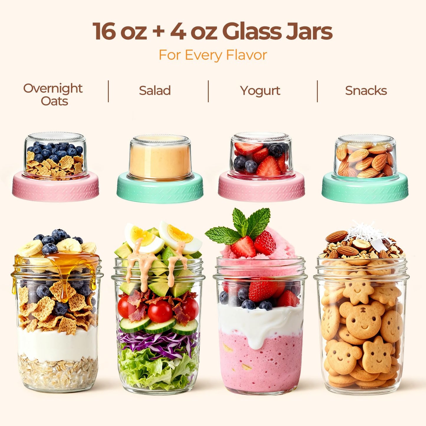ComSaf Overnight Oats jars with Lids （16oz+4oz 2Pcs）, Dual-Laryer Chia Pudding Jars with Dry and Wet Separation, Yogurt Parfait Contianer for Oatmeal Cereal Nut Fruit, Meal Prep Glass Jars for Salad - Available at All In One Marketplace Canada