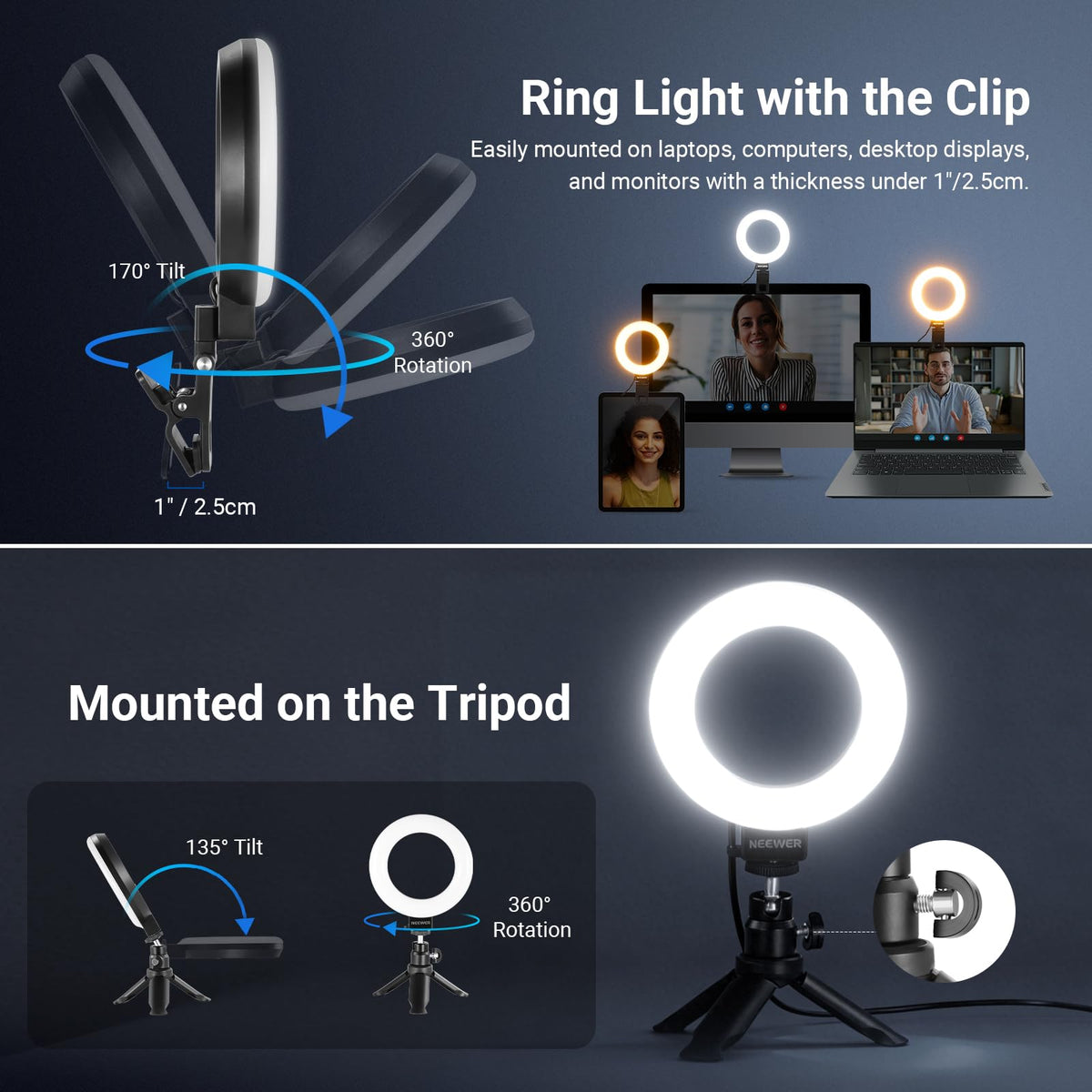 NEEWER Basics BR60 5" Ring Light for Video Conference Lighting, Clip