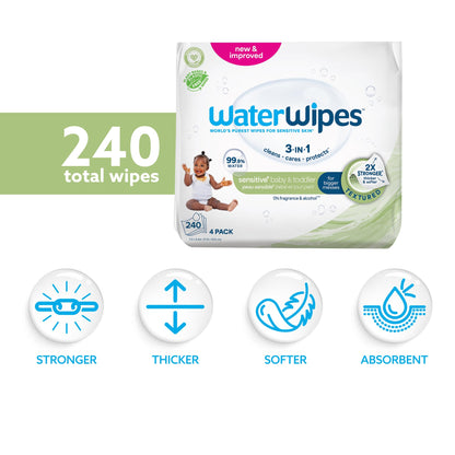 WaterWipes Sensitive+ Baby & Toddler Wipes, 3-In-1 Cleans, Cares, Protects, 99.9% Water, Textured Clean, Unscented & Hypoallergenic, 240 Count (4 Packs)