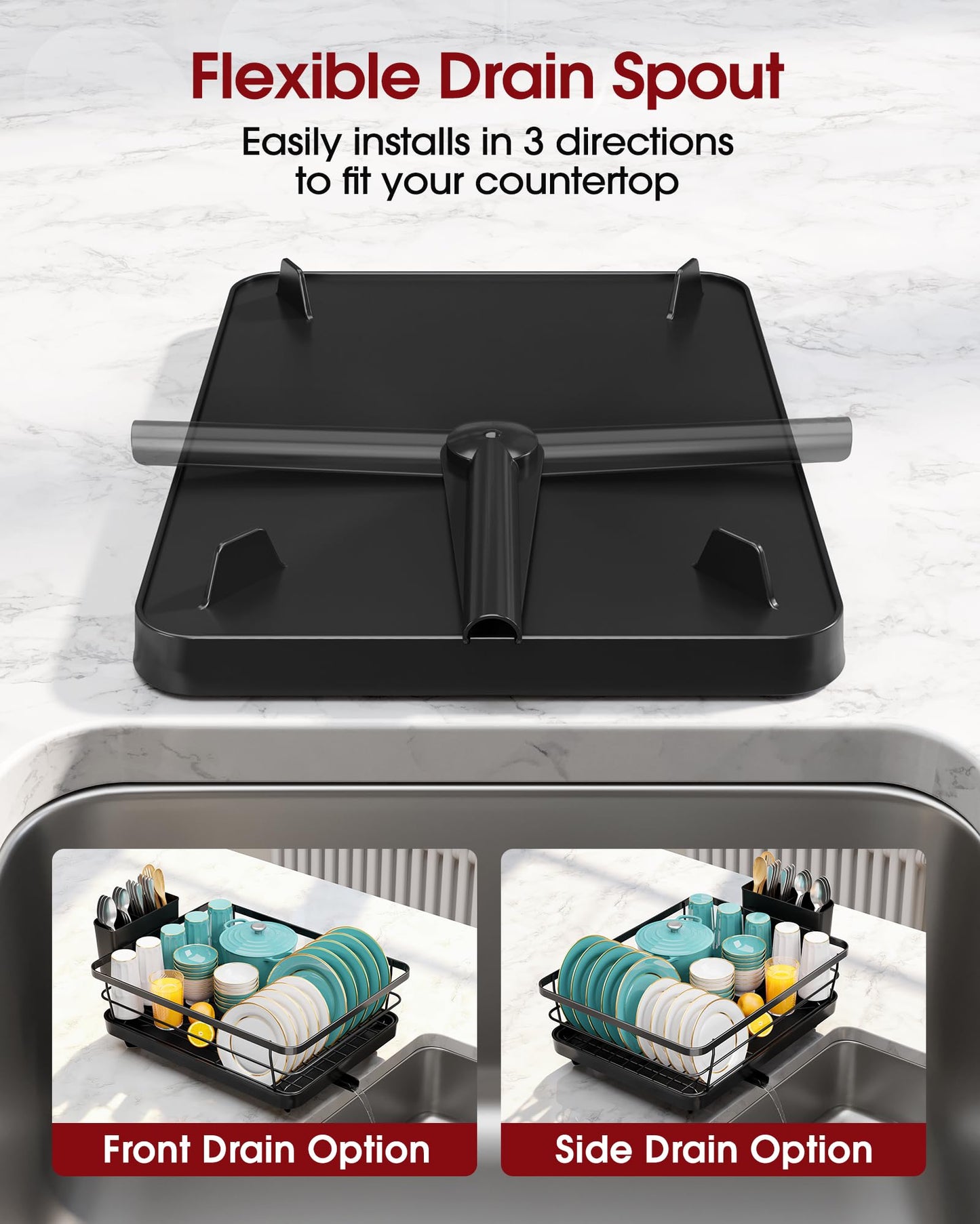 Sakugi Dish Drying Rack - Compact Dish Racks with Drain Board for Kitchen Counter, Durable Stainless Steel Dish Rack Used in Sink & on Countertop, Dark Black, Large