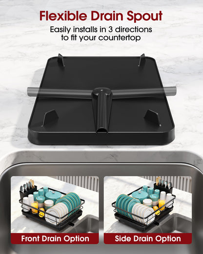 Sakugi Dish Drying Rack - Compact Dish Racks with Drain Board for Kitchen Counter, Durable Stainless Steel Dish Rack Used in Sink & on Countertop, Dark Black, Large