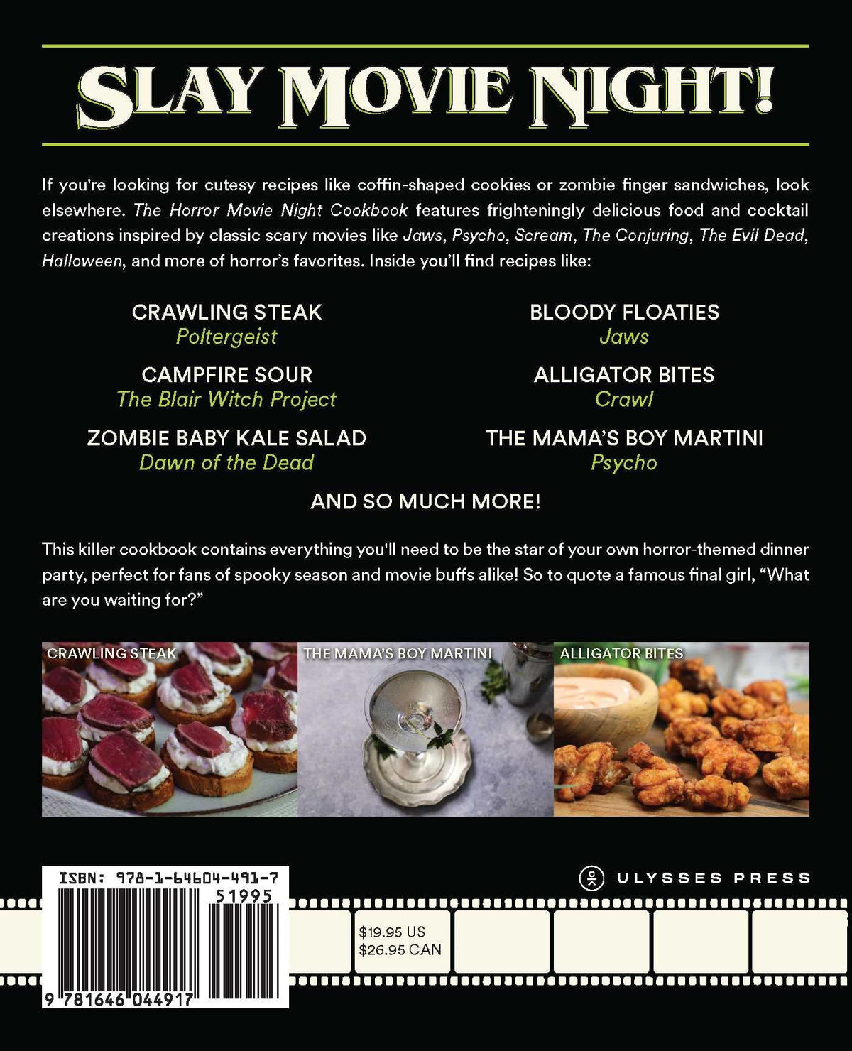 The Horror Movie Night Cookbook: 60 Deliciously Deadly Recipes Inspired by Iconic Slashers, Zombie Films, Psychological Thrillers, Sci-Fi Spooks, and More (Includes Halloween, Psycho, Jaws, The Conjuring, and More)