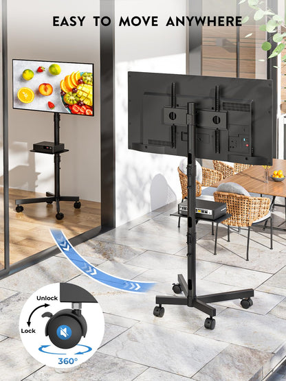 BONTEC Mobile TV Stand, Rolling TV Stand for 23-60 Inch Screens, Adjustable Floor TV Stand with Locking Wheels and Media Shelf, Compatible with VESA 100x100mm to 400x400mm, Holds up to 88 lbs, Black