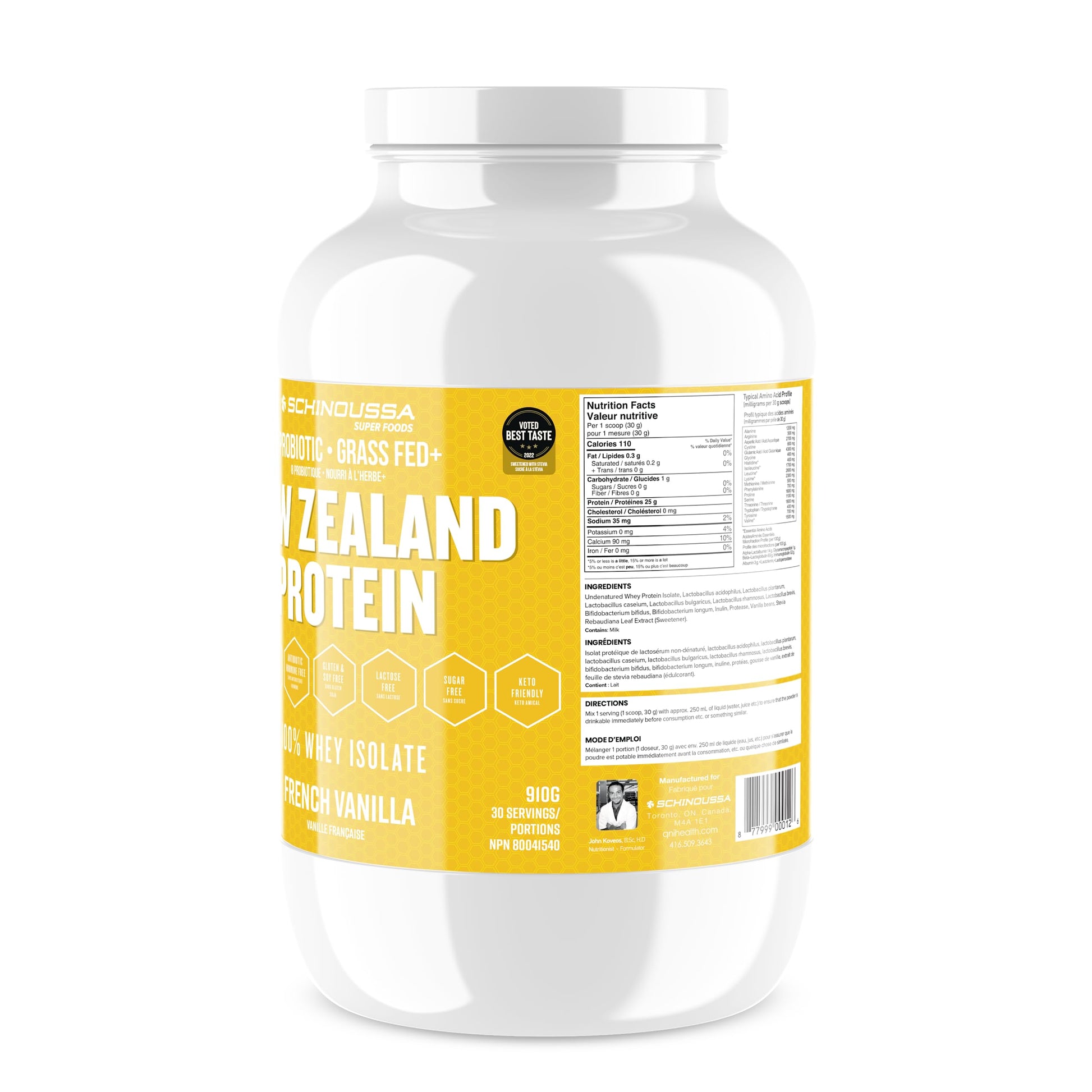 Schinoussa New Zealand Whey Protein Isolate - French Vanilla, 910g | 25g Protein Per Serving | Zero Sugar, 1g Carbs, 110 Calories