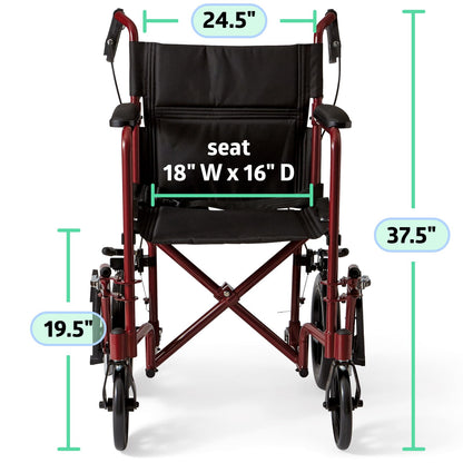 Medline Lightweight Transport Wheelchair with Handbrakes, Folding Transport Chair for Adults has 12 inch Wheels, Red Medline