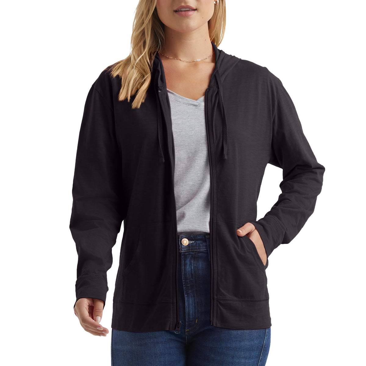 Hanes Women's Jersey Full Zip Hoodie, Black, X-Large