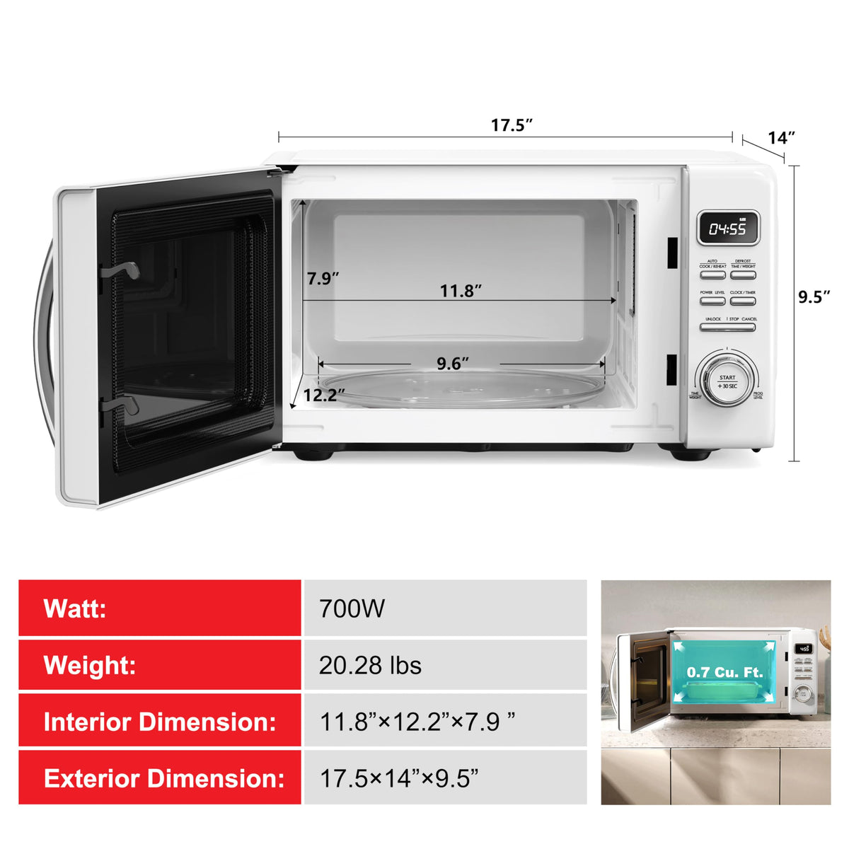 Galanz GLCMKZ07WER07 Retro Countertop Microwave Oven with Auto Cook & Reheat, Defrost, Quick Start Functions, Easy Clean with Glass Turntable, Pull Handle,0.7 cu ft, White
