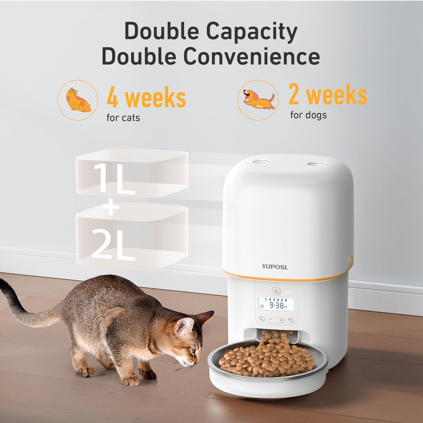 Yuposl Automatic Cat Feeder, 3L Cat Food Dispenser with Over 180-day Battery Life, Anti-Jam Design, 1-6 Meals Per Day with Stainless Steel Cat Bowl, Keep Cat Dry Food Fresh, Also for Small Dog