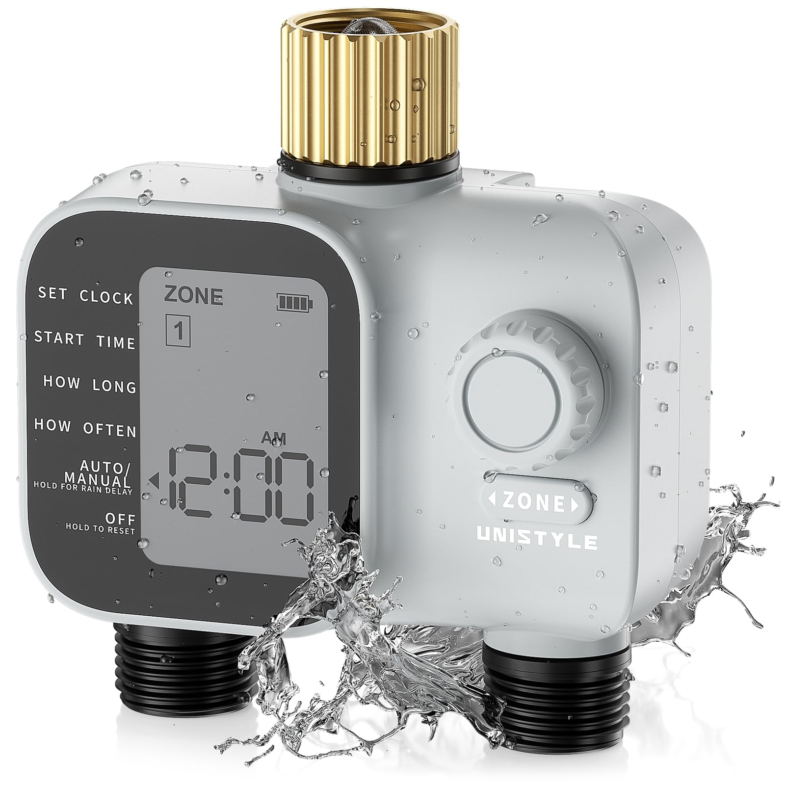 2027 New Upgrade Sprinkler Timer 2 Zone with Brass Inlet, Unistyle Water Timer for Garden Hose with Rain Delay and Manual Water/Automatic Irrigation, Hose Timers for Yard and Lawn Patio - Available at All In One Marketplace Canada
