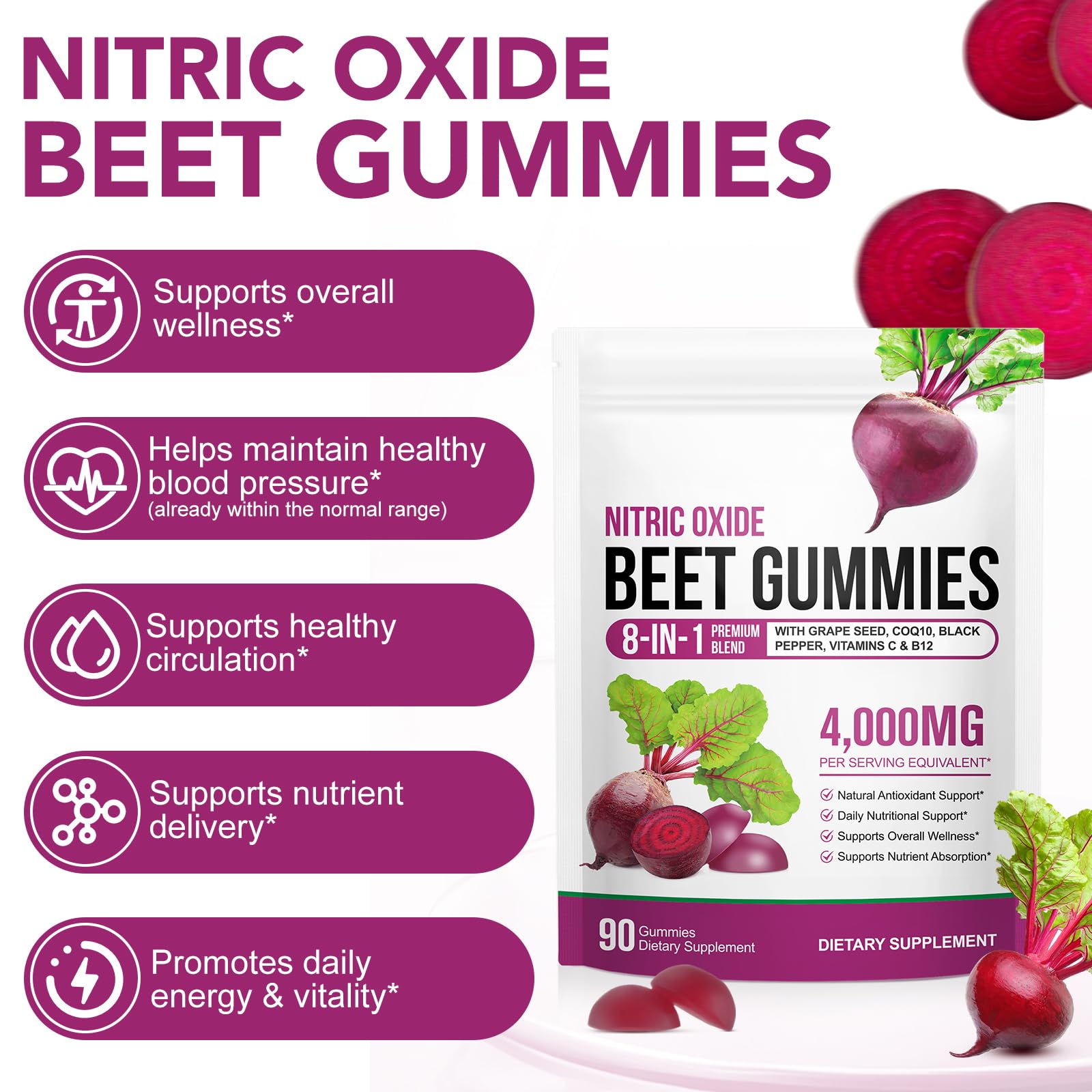 Beetroot Gummies, 90 Count - Non-GMO Beet Root Supplement for Healthy Circulation & Energy - Natural Vegan Fruit Flavor - Available at All In One Marketplace Canada