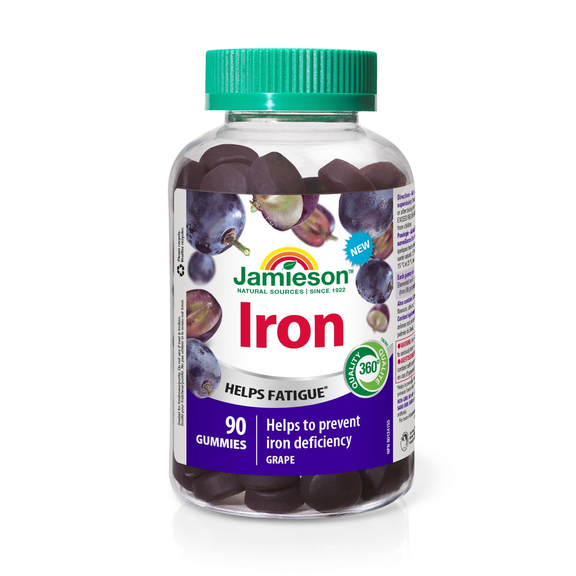 Jamieson Iron Gummies Grape Flavour, 90 Gummies, Supports Overall Health, Helps with Fatigue, Prevents Deficiency and Anemia. Vegetarian, Non-GMO, No Artificial Colours, Flavours or Preservatives
